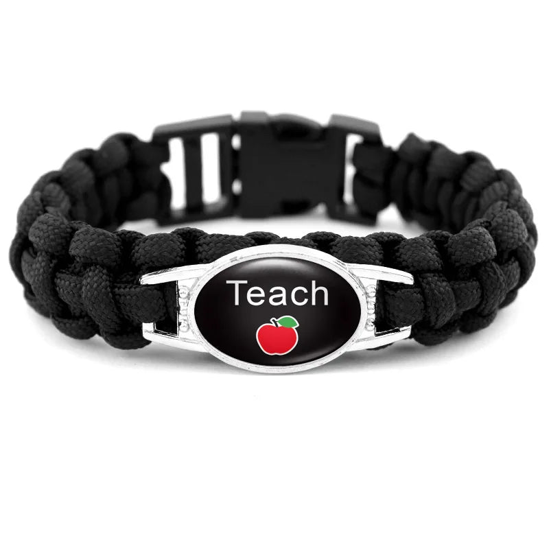 Custom Made Love to Teach Glass Cabochon Charm Paracord Survival Bracelets Teacher's Day Gift for Teacher Assistant Fashionable