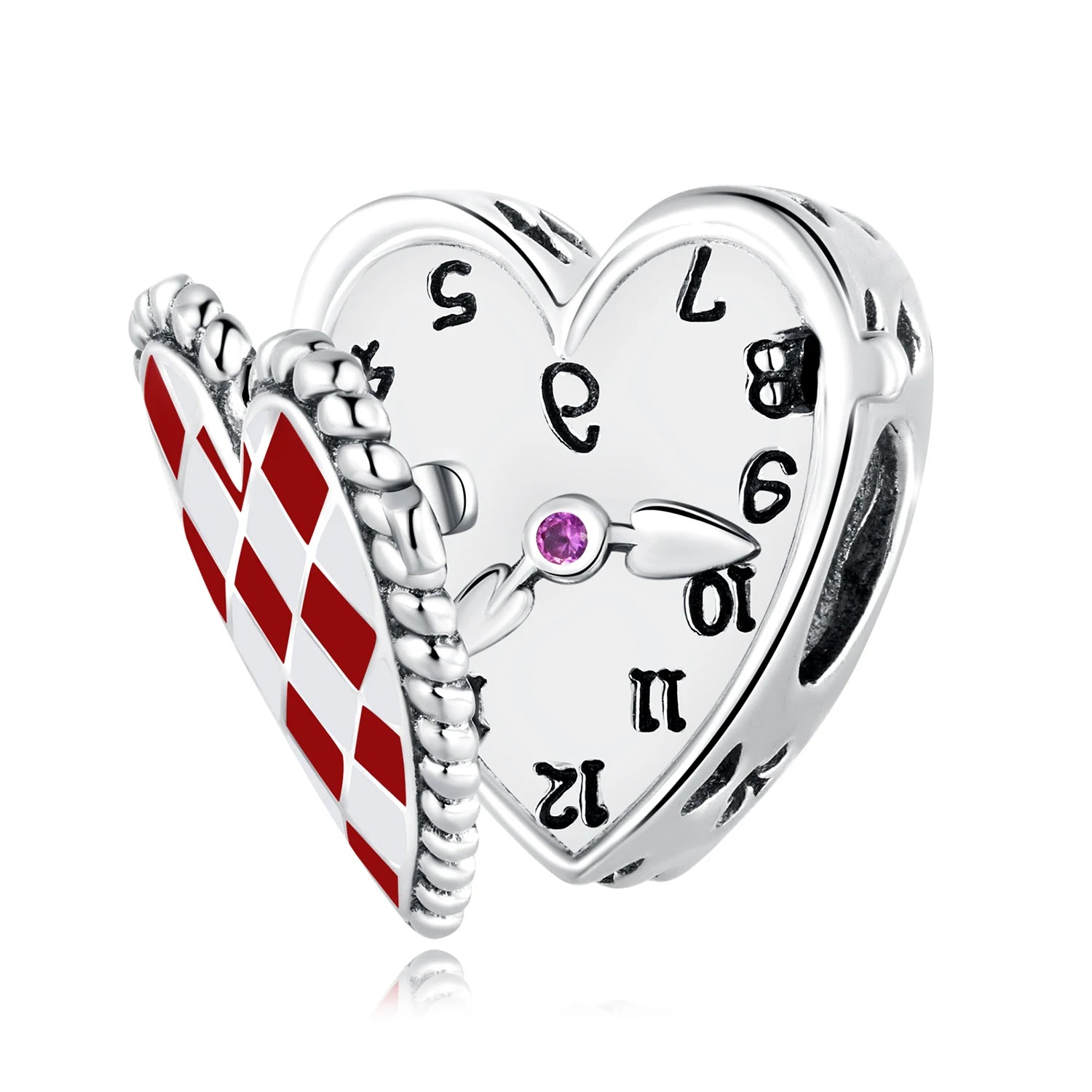 HOT 925 Sterling Silver Cute Red Heart Clock Charms Beads for Women Fit Original DIY Bracelet Fine Jewelry Gifts SCC2245