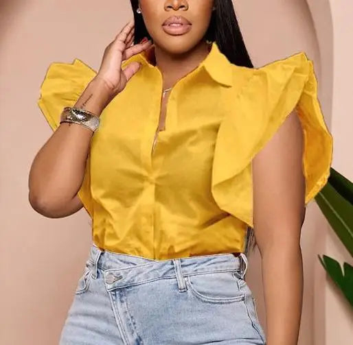 S-XXL Nightclub Women's Shirt Solid Color Lotus Leaf Sleeve Flower Petal Sleeve commuter Top V-neck Short Sleeve Shirt