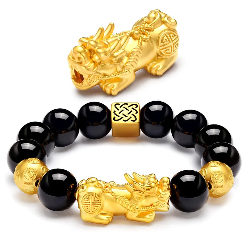 Fashion Gold Plated Charm Piyao 12mm Black Obsidian Beads Women Men Feng Shui Lucky Wealth Pixiu Bracelet Jewelry MegaBDM