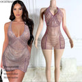 Ocstrade Elegant Clothes Women Diamond Formal Party Dress Photo Shoot Crystal Halter Mini Dress Ladies Sparkly Beaded Club Dress
