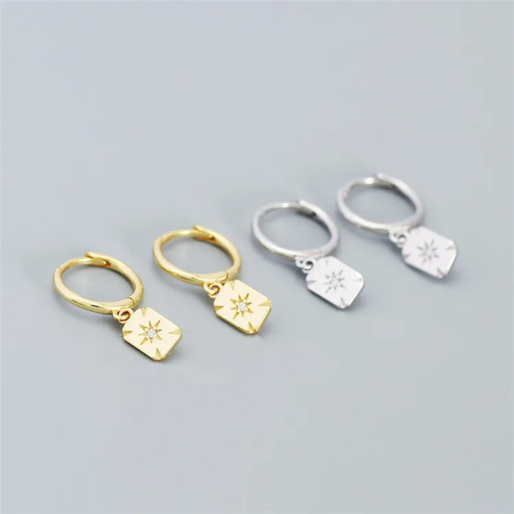 SP Fine Jewelry Rectangle Hoop Earring Geometric Sterling Silver Engraved Zirconia Starburst Hoop Earrings