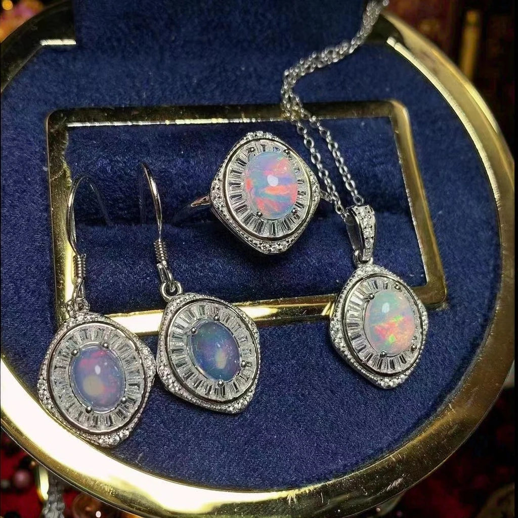 Hot Sale 925 Sterling Silver Opal Jewelry Set for Women African Non-Tarnish Necklace and Earrings for Engagement or Anniversary