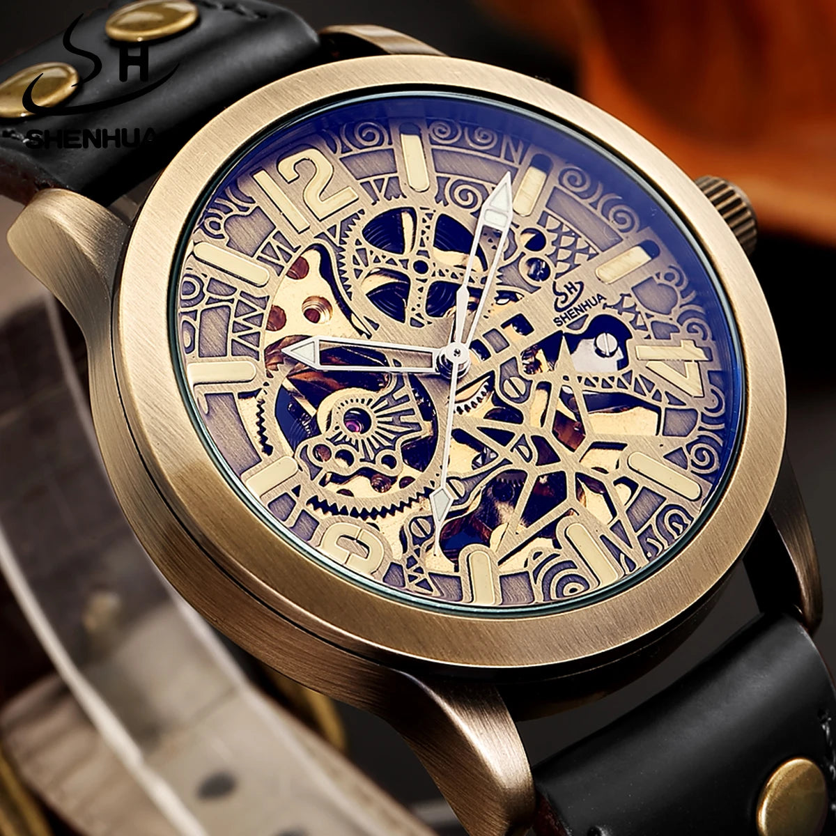 SHENHUA Antique Black Clearly Visible Big Number Golden Dial Automatic Mechanical Sport Fashion Leather Watch for Men