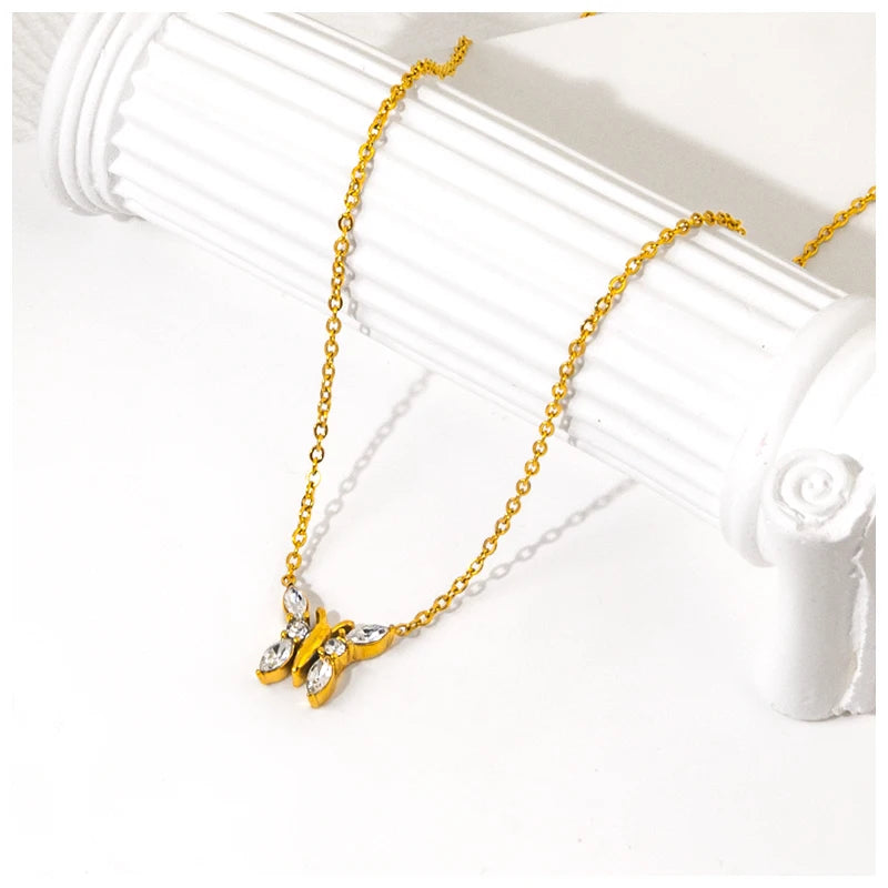 Powell Women's Butterfly Shape Trendy Stainless Steel  Necklace Cute Dainty  Zircon Top Ranking Stainless Steel Jewelry
