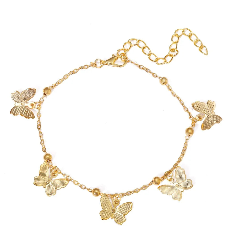 Fashion Cheap Single Layer Chain 5 Butterfly Charms Anklet for Women's Jewelry