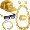 6Pcs/Set 80s 90s Hip Hop Costume Kit Metal Chain Flat Top Sunglasses Rapper Big Chain Necklace and Bracelet Hip Hop Gold Cap