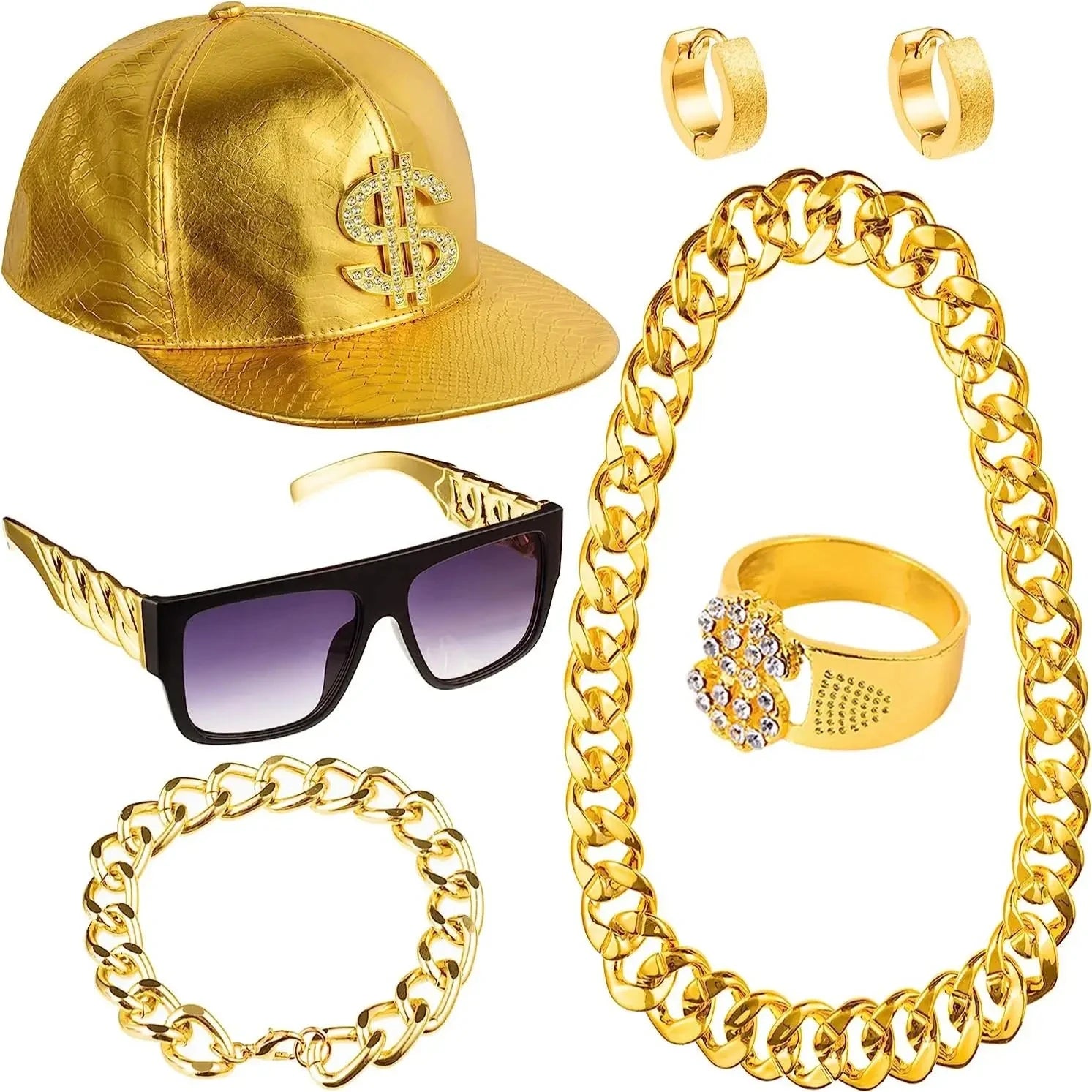 6Pcs/Set 80s 90s Hip Hop Costume Kit Metal Chain Flat Top Sunglasses Rapper Big Chain Necklace and Bracelet Hip Hop Gold Cap