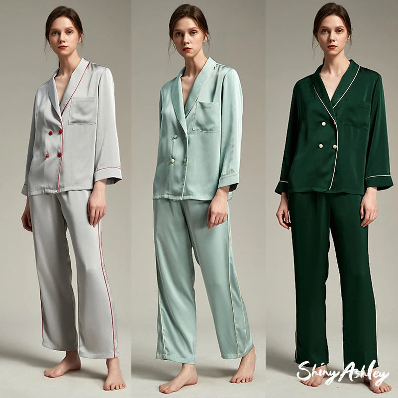 RTS New Style Women Pajama Fashionable Simple Lady Sleepwear Soild Satin Opening Front Women Pajamas Set