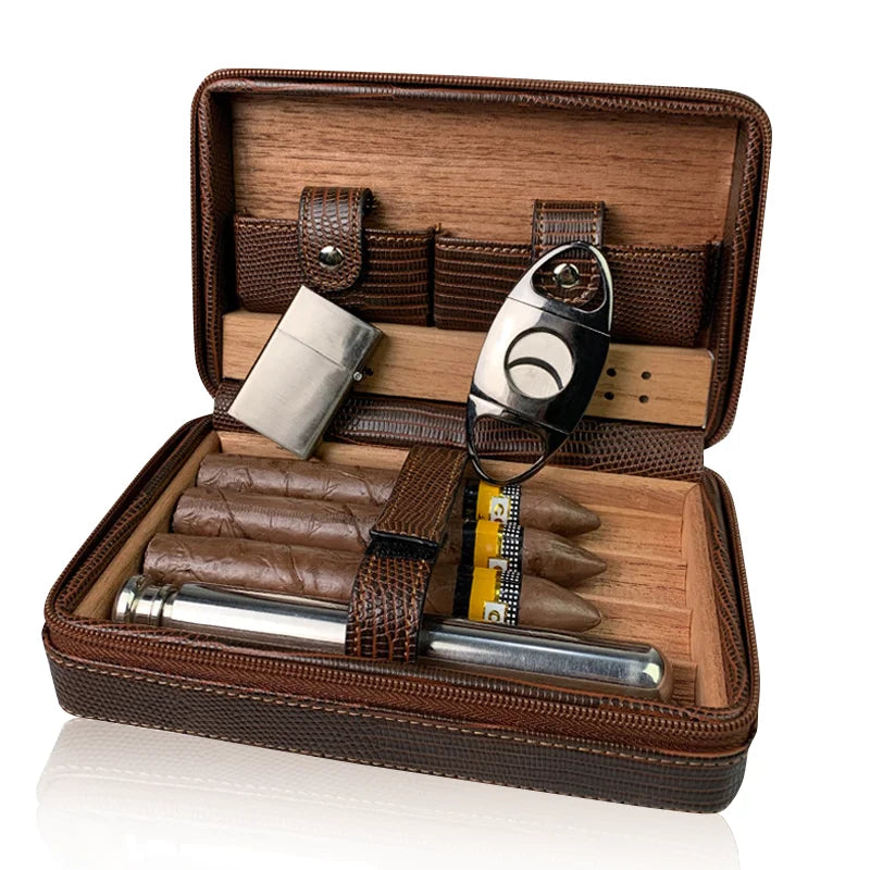 Vanace Portable Factory Directly Wholesale Classic Travel Cigar Humidor Cedar Wood Leather Cigar Case With Cigar Accessories