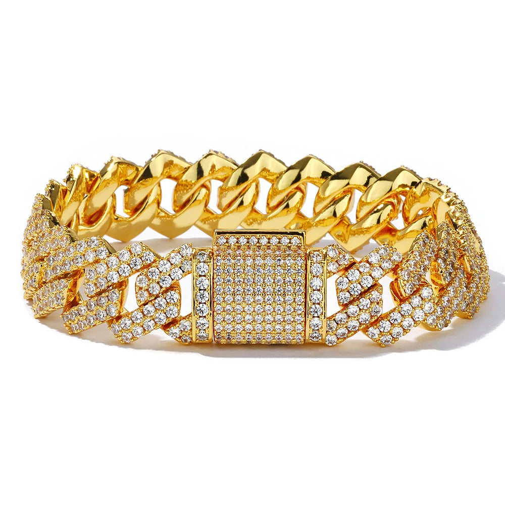 NUOYA Wholesale 14MM 18K Gold Plated Iced Out Diamond Cuban Chain Bracelet for Men Hip Hop Jewelry Customizable Cuban Bracelets