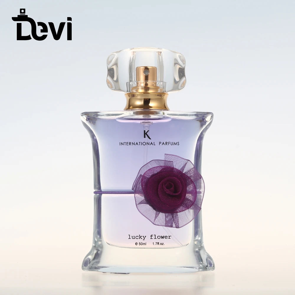 Devi Natural Style Popular Glass Perfume Spray Bottles Purple Flower Perfume Bottle