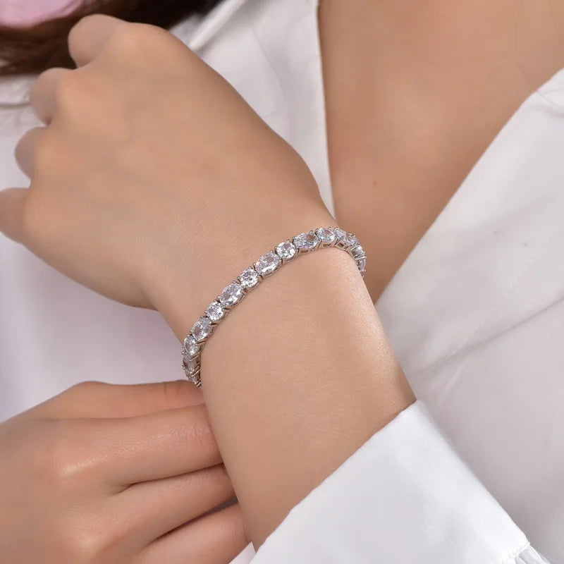 Kirin Rhodium Plated 925 Sterling Silver Round Oval Zircon Tennis Bracelet Jewelry for Daily