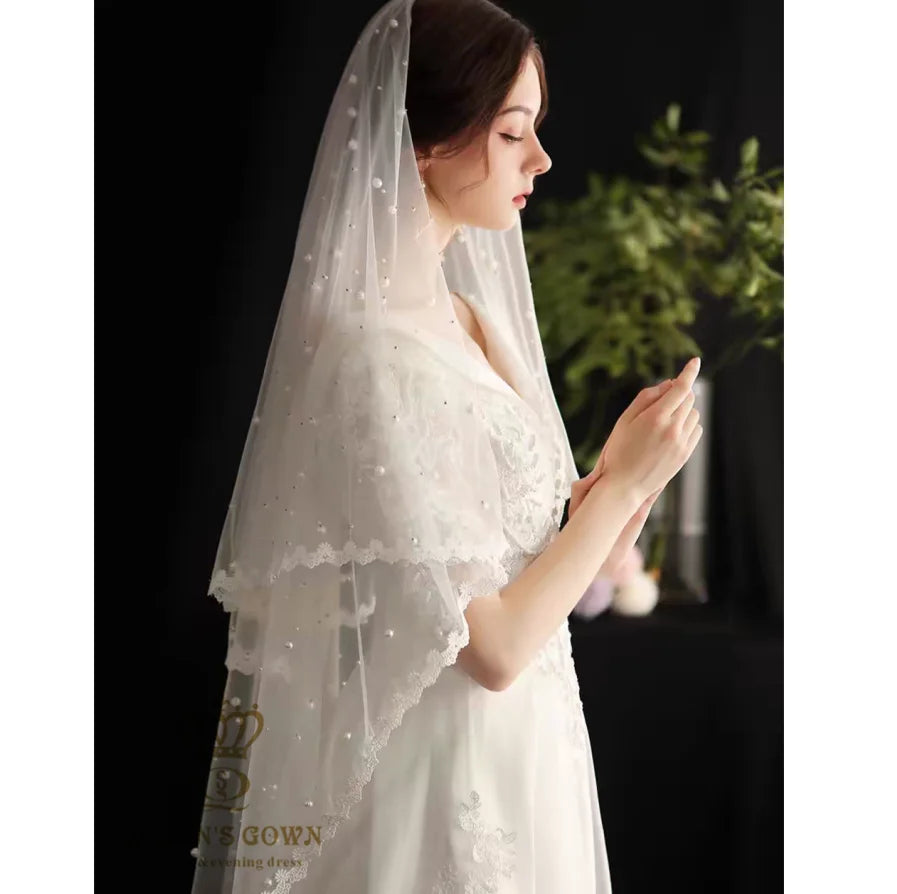 Queens Gown Elegant Pearls Bridal Veil Delicate Full Pearls Embroidered Edge for Wedding
