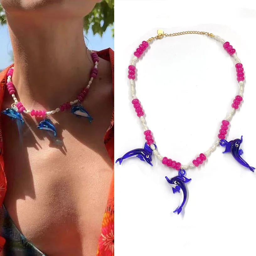 SC Stainless Steel Beach Pearl Necklace Holiday Many Style Fish Lobster Blue Dolphin Pendant Necklace for Women