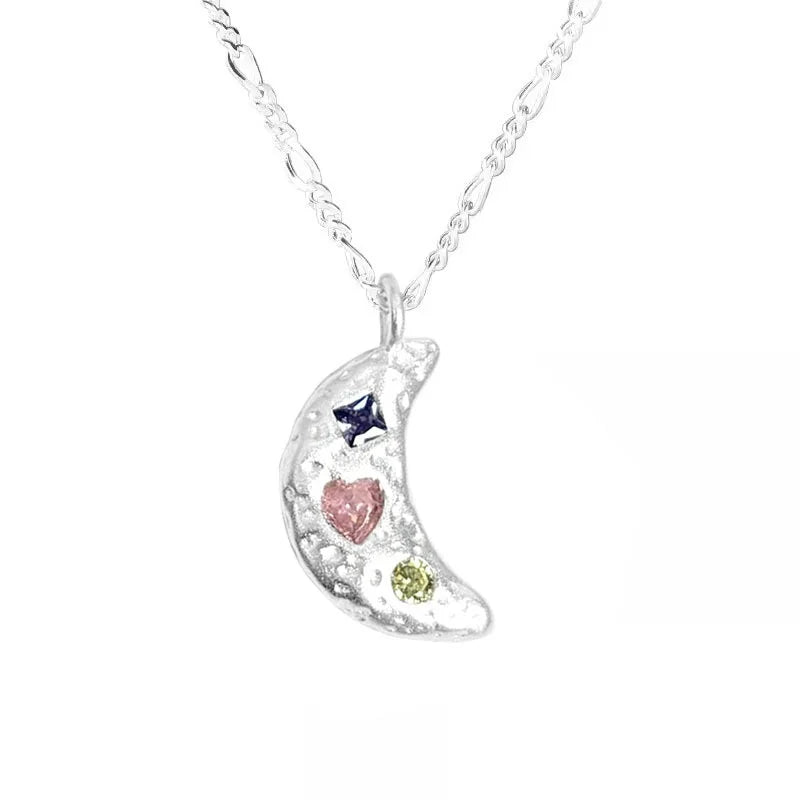 Merryshine S925 Sterling Silver Colorful Stone Zircon Clavicle Chain Women's Lava Texture Moon Design Necklace