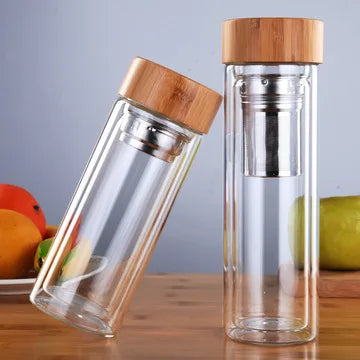 Wholesale Bamboo Lid Glass Water Bottles Double Walled Glass Bottles Tea Mug Cup 300ml 400ml 500ml Glasses Cups with Bamboo Lid
