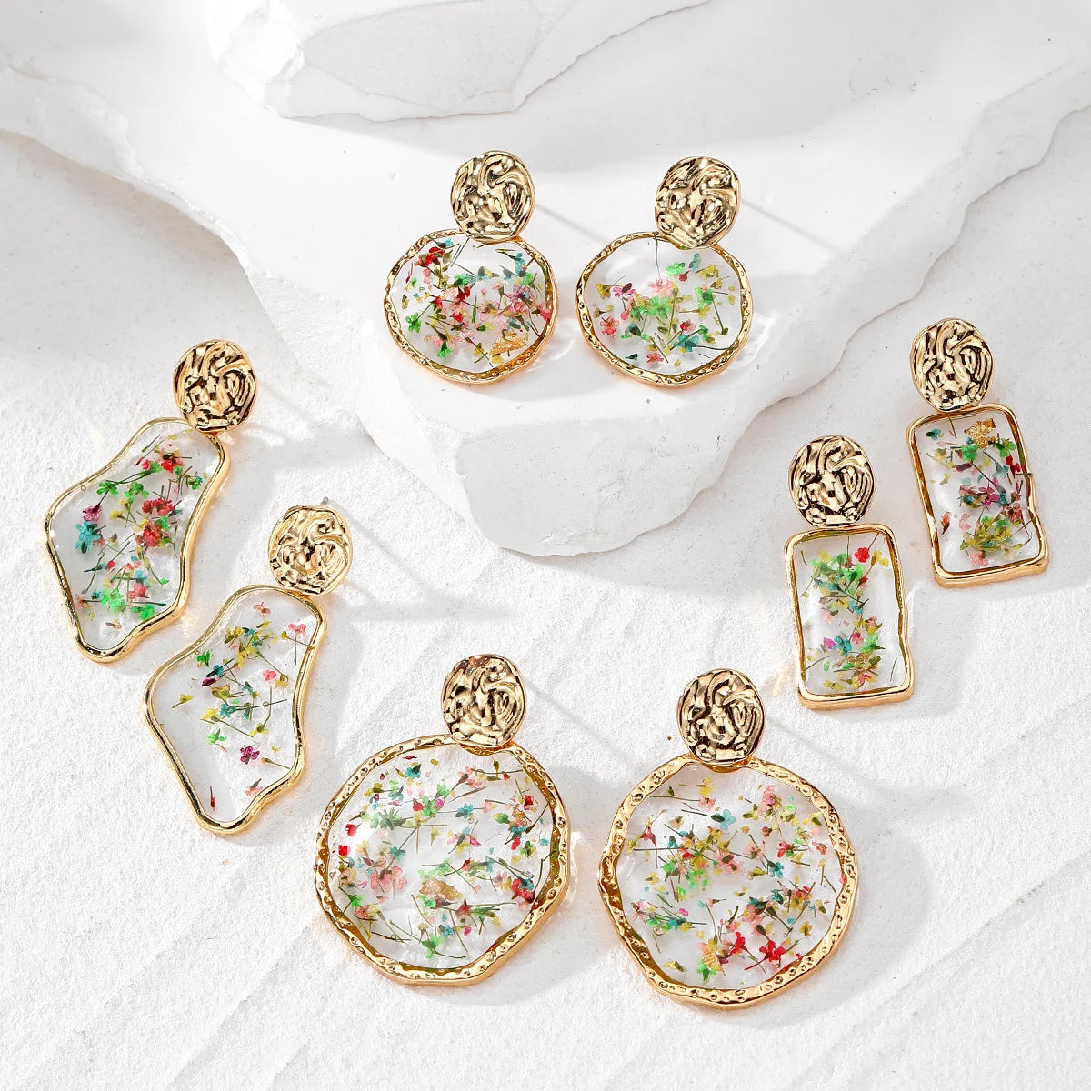Trendy Elegant Colorful Resin Hoop Dangle pink Real Genuine Flower Earrings for Women in Bulk
