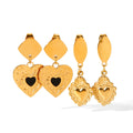 INS Vintage Stainless Steel 18K Gold Heart Relief Pendant Non-Fading Retro Peach Heart Dangling Stud Earrings for Women