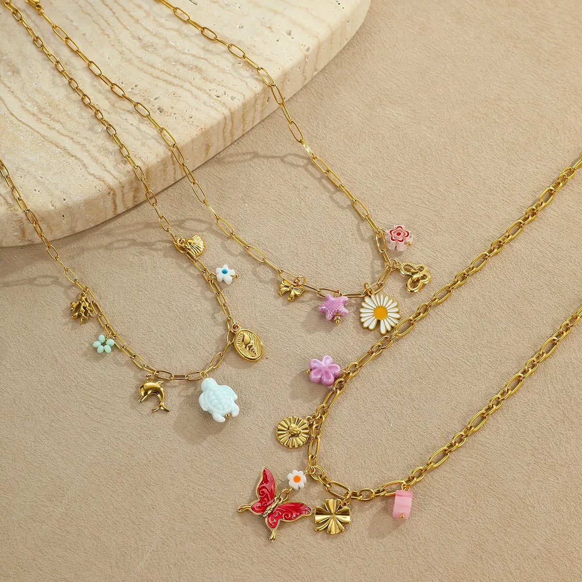 2025 New Spring Summer Charm Collection Ocean Series 18K Gold Plated Stainless Steel Necklace with Turtle Flower Charms Jewelry