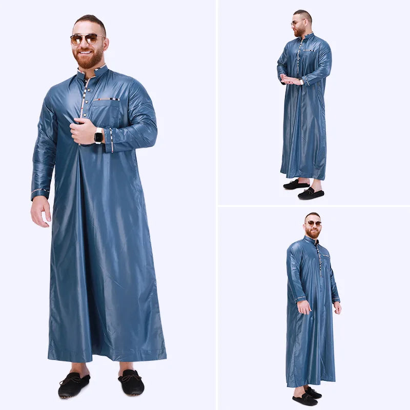 Custom Islamic Clothing Dubai Arabic Moroccan Torbay Stand Collar Robes Muslim Thobe for Men