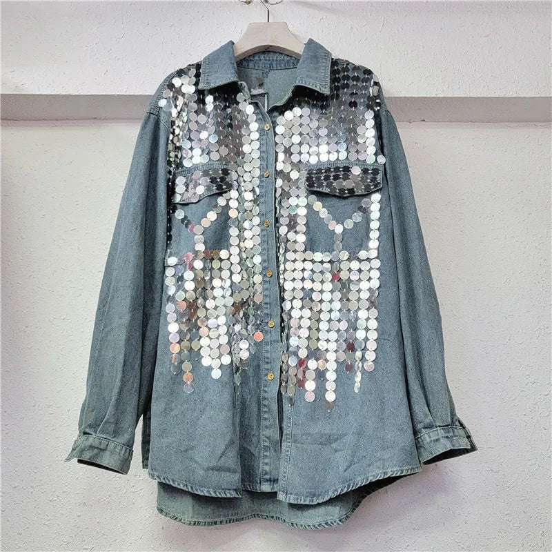 Boutique Wholesale 2026 Spring New Design Sense Large Sequin Denim Korean Loose Single Breasted Women's Coat