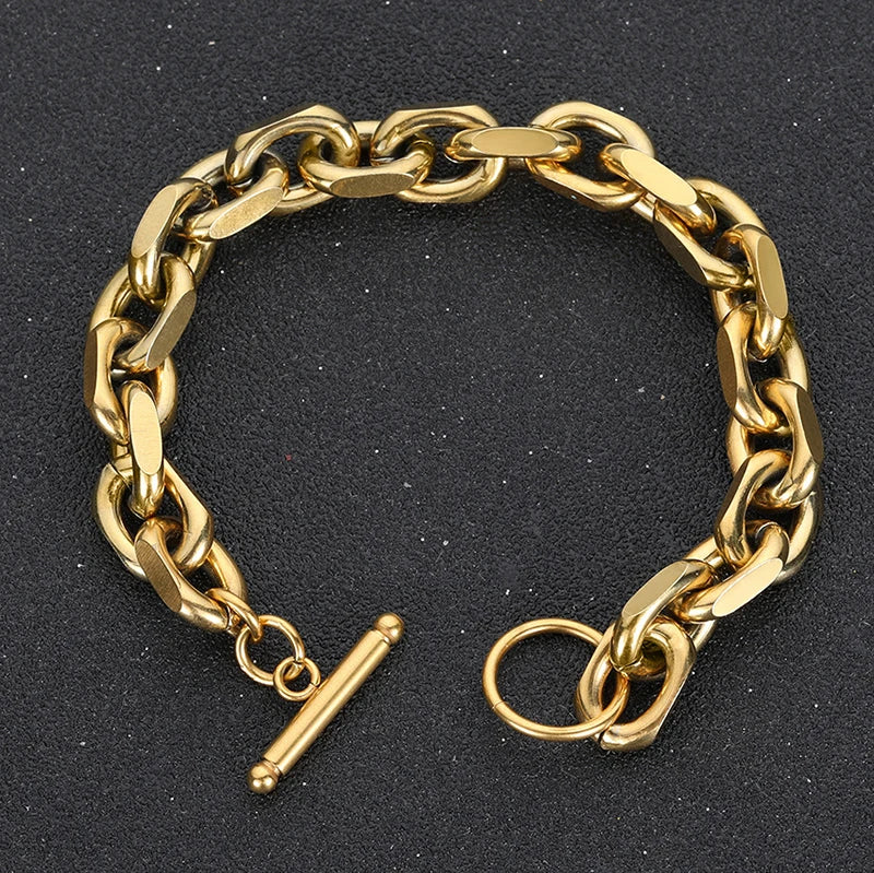 Punk Toggle Clasp Thick Cable Chain Bracelet Heavy Stainless Steel Rolo Cable Chain Bracelet for Men Women