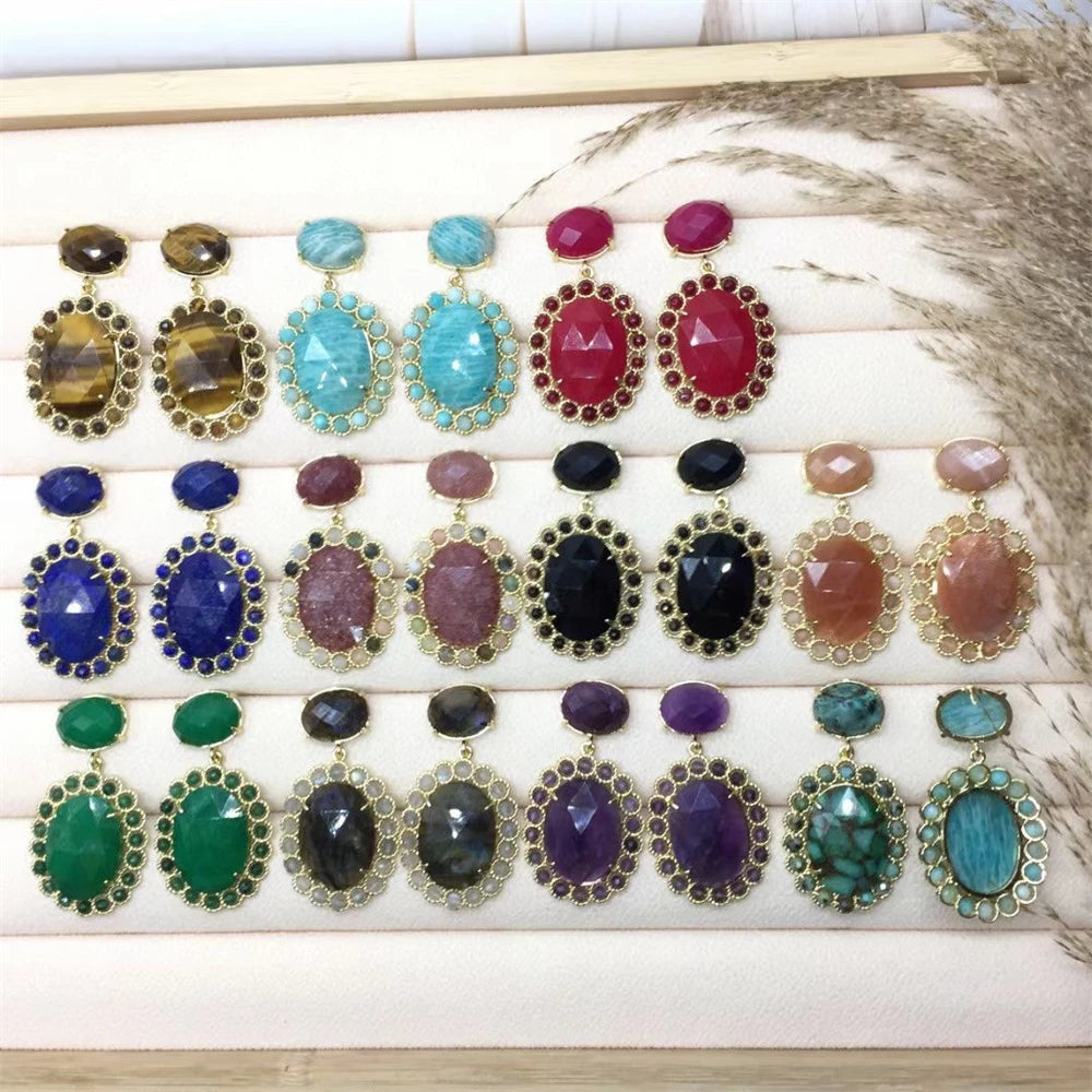 Beautiful Natural Gemstone Faceted Oval Stone Tiny Beads Made Earrings Shiny Crystal Sun Flower Pendant Lapis Amethyst Earrings