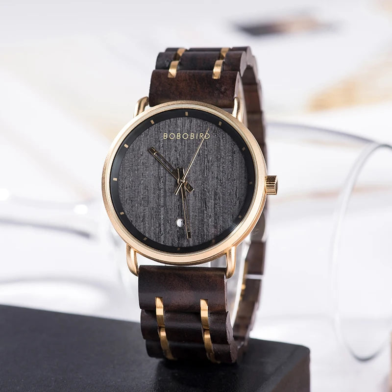 Best Selling Boys Luxury Fashion Business Quartz Watch Stainless Steel Band Black Wood Pointer Dial Wholesale