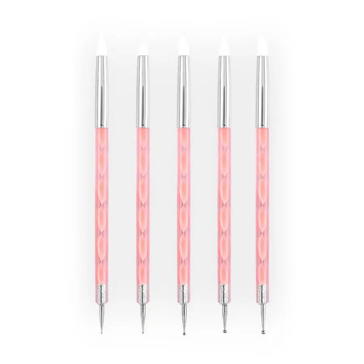 Wholesale 5pcs/set Pink Silicone Double-head Nail Art Dotting Pen Rhinestone Picker Nail Art Carving Drawing Painting Pen