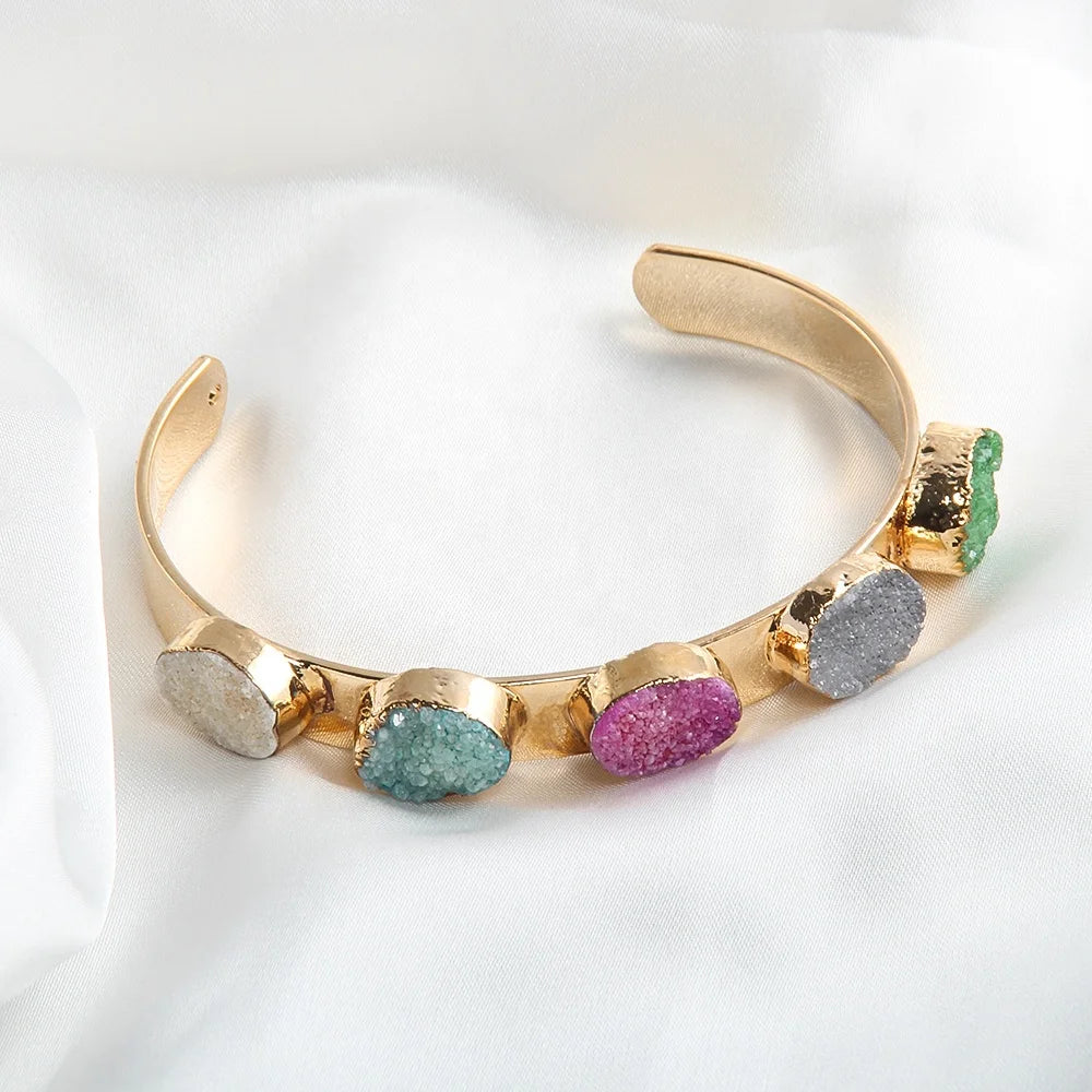 Newest Beautiful Flat Gold Zinc Alloy Bangle Five Irregular Colorful Metal Round Druzy Bangle