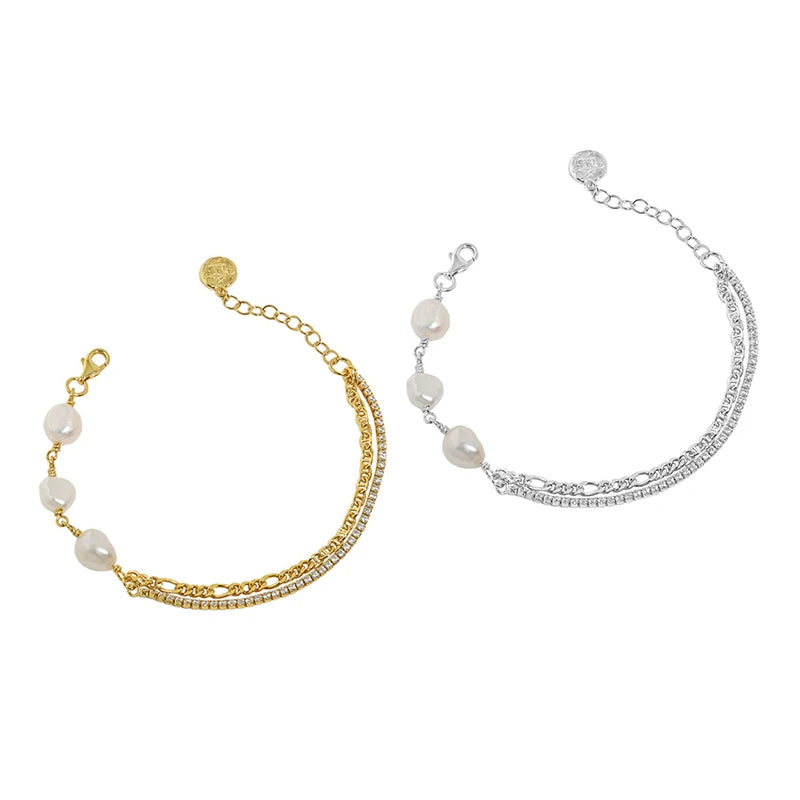 Wuqie 925 Silver Baroque Freshwater Pearls Beads with Double Layered Figaro Chain Zircon Bracelet for Women