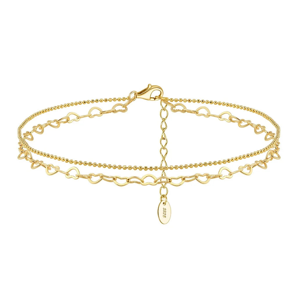 ACME Gold Plated 925 Sterling Silver Stacking Heart Link Double Layer  Chain Adjustable Anklet Summer Vacation Beach Jewelry