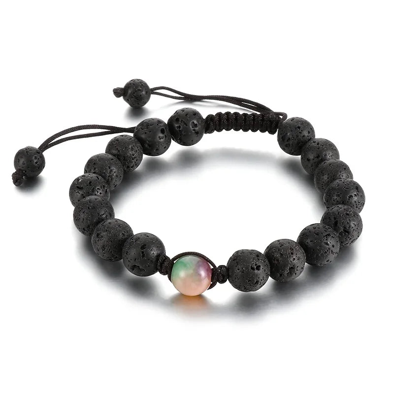 KALEN Flexible Religious Men Mature Leather&Volcanic Stones Beaded Bracelet
