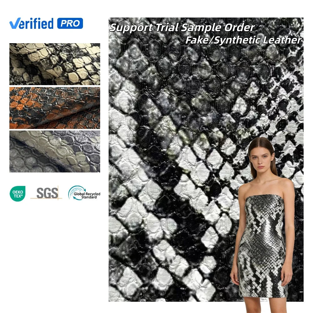 PU Leather Fabric Waterproof Snake Pattern Embossed Knitted Synthetic Leather for Garments Dresses Leather Fabric for Clothing