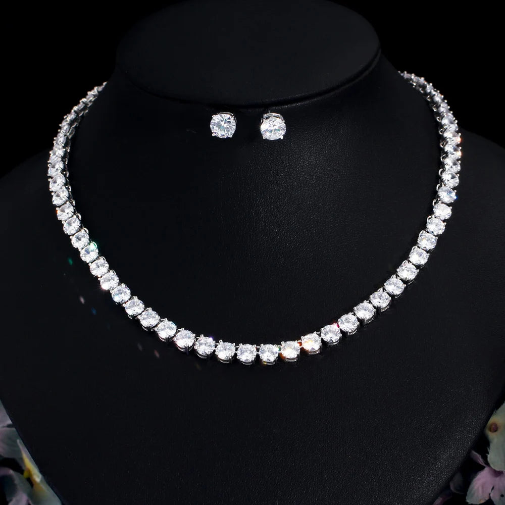 Stunning Big Carat Round Cubic Zircon CZ Tennis Necklace and Earrings Women Luxury Bridal Party Jewelry Set for Wedding Evening