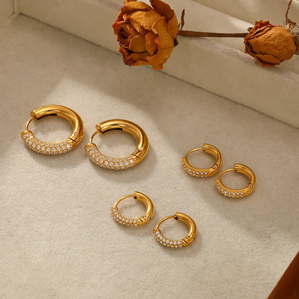 Fashion Shining Zircon Hoop Huggie Earrings Luxury 18k Gold Plated Stainless Steel Jewelry Gifts for Women