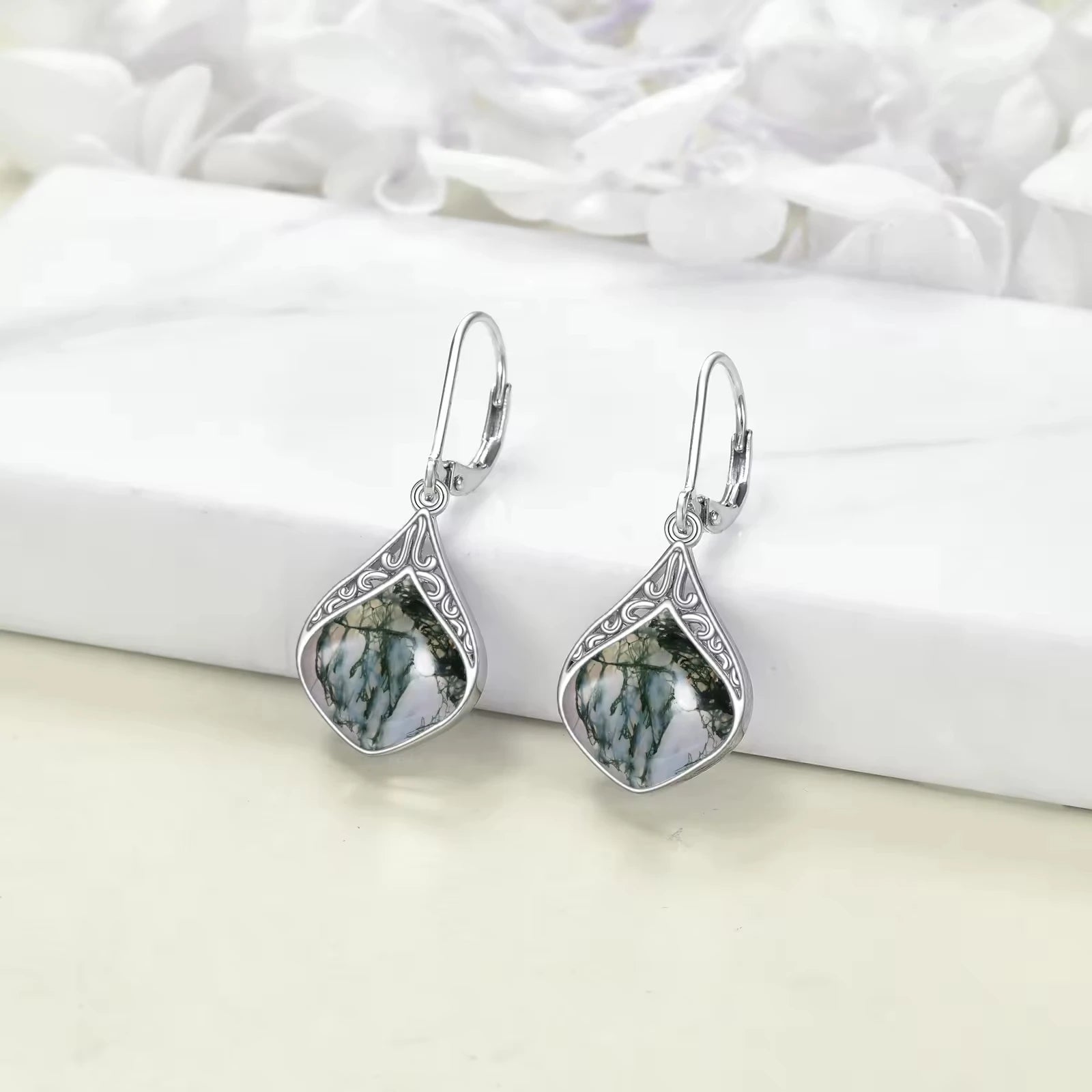 Fashion Jewelry S925 Sterling Silver Teardrop Agate Stone Drop Earrings for Women