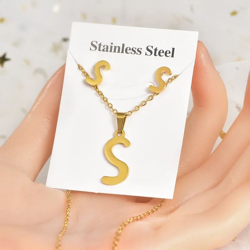 Fancy Design Stainless Steel Letter Earrings  and Pendant Necklace Jewelry Sets Gold Plated