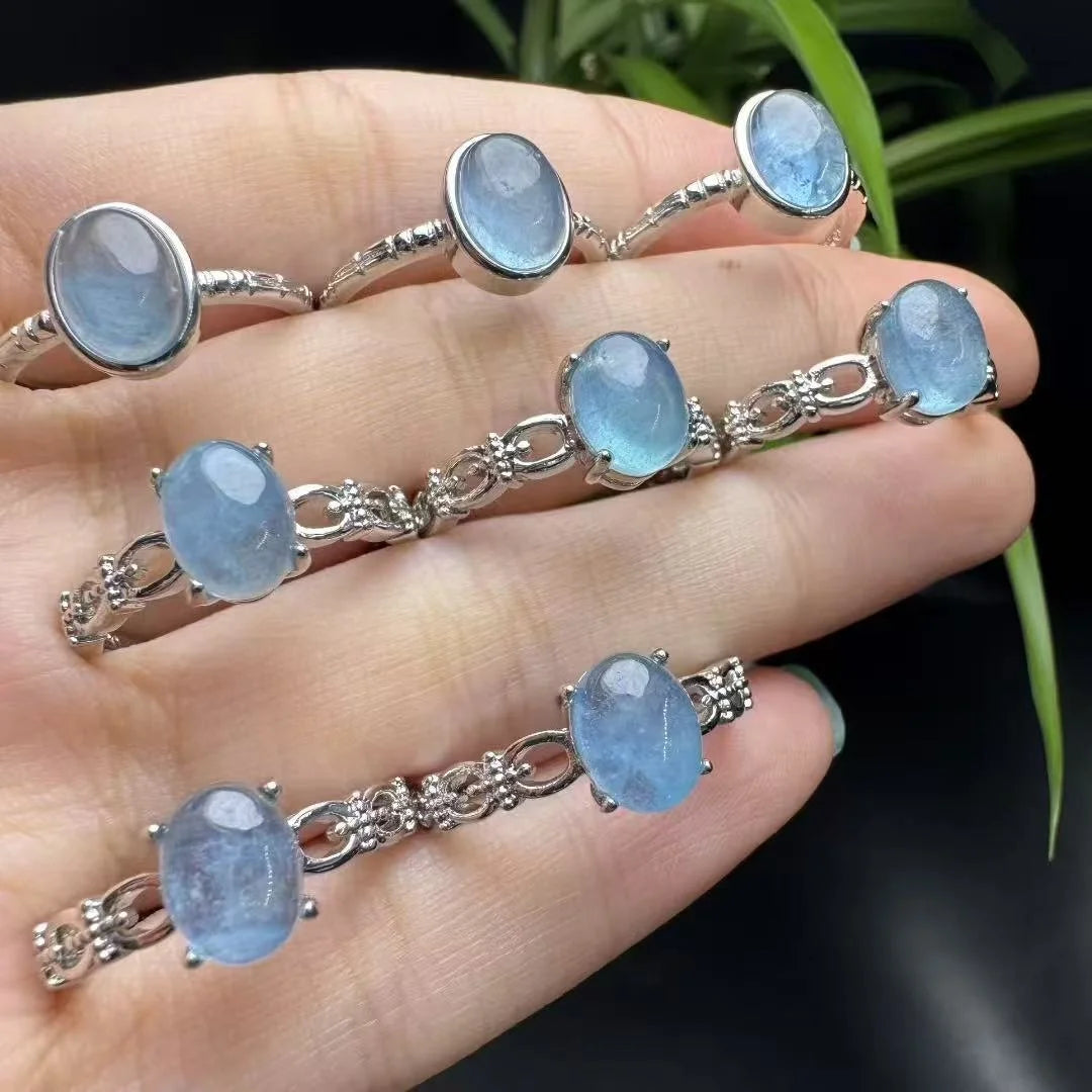 Trendy March birthstone Natural Crystal Healing Stone Jewelry  Aquamarine Rings