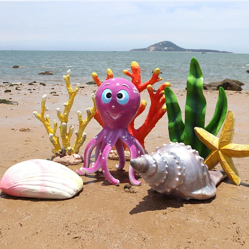 Creative Beach Decoration Life Size Octopus Shell Conch Coral Sea Urchin Shark Statue for Ocean Park Display