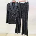 2025 European American Vintage Style Solid Gold Velvet Sequin Double Breasted Suit Jacket Micro Flared Pants Slim Fit Winter