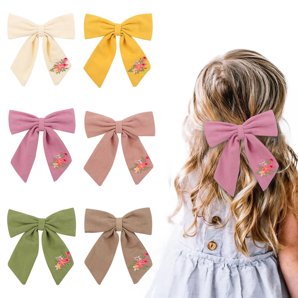 5 Inch Long Ribbon Bow Knotted Hair Clip Unique Linen Personalized Custom Bow With Floral Hand Embroidered Hair Bow for Girls