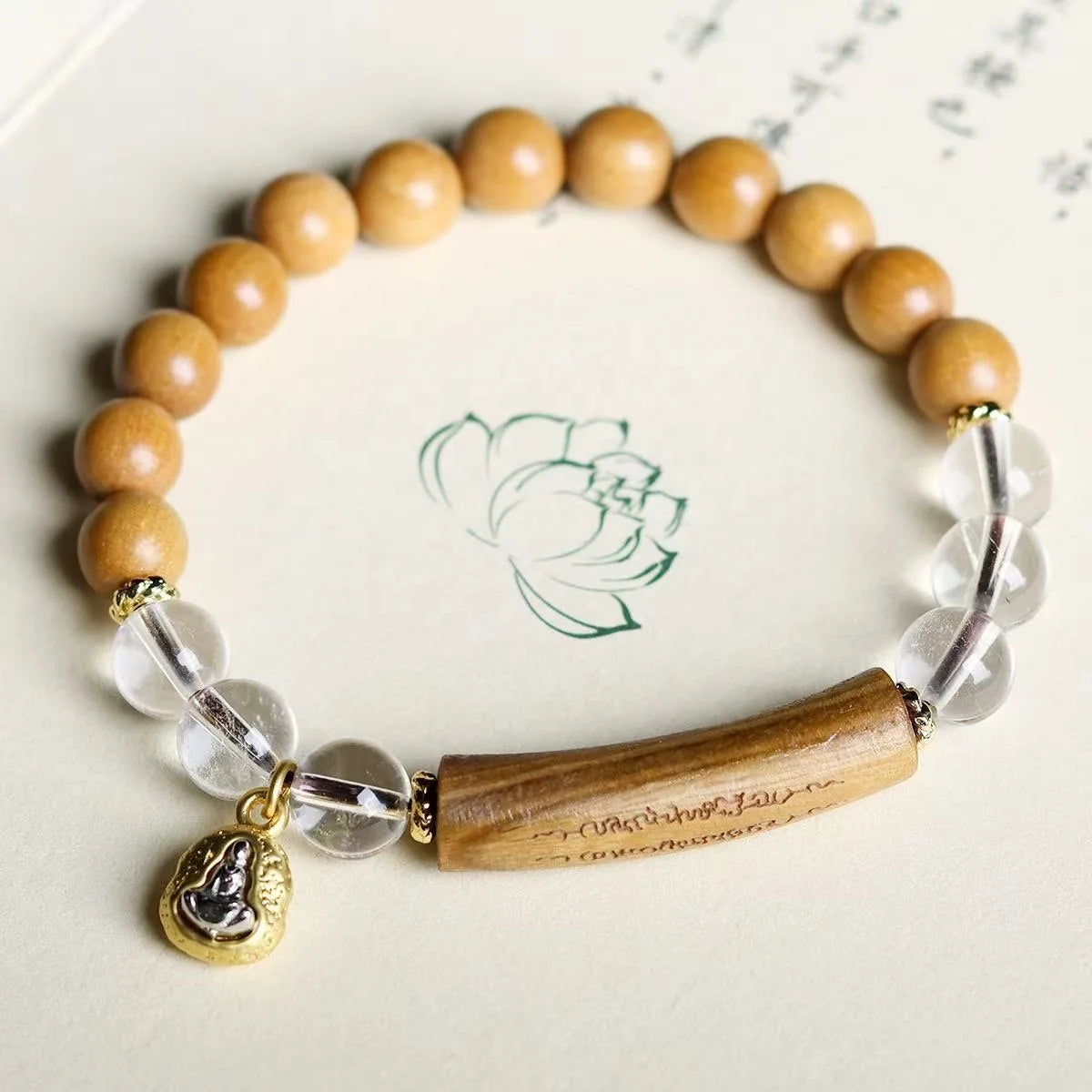 Handmade Natural clear Quartz Sandalwood Charm Bracelets  with Buddhist Scriptures