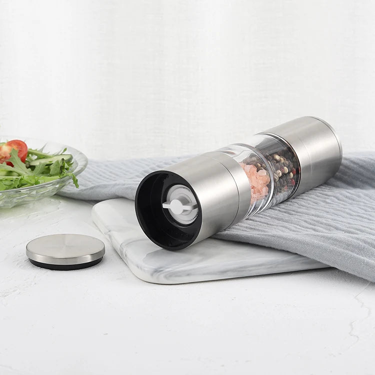 2 in 1 Manual Double Head Ceramic Burr Grinder Salt and Pepper Mills Spice Grinders Mill with PMMA Jars