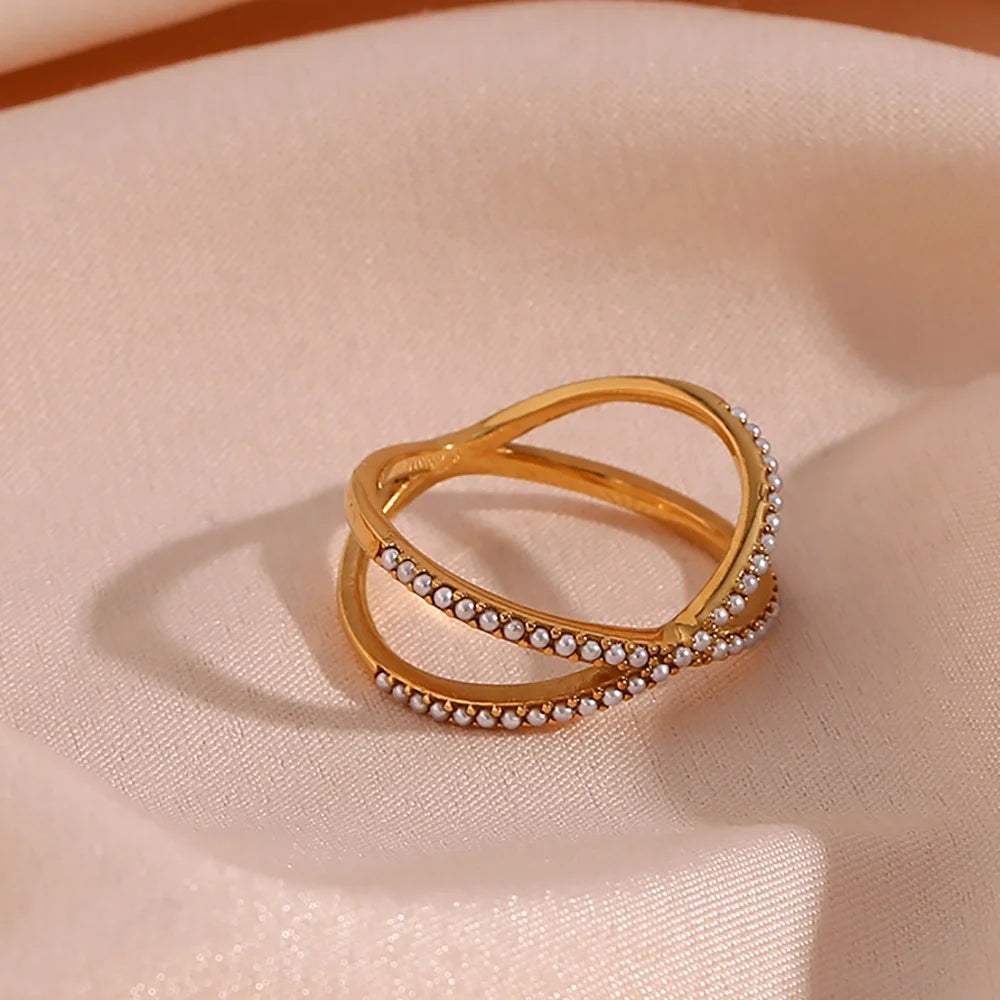 Minimalist X Shape Butterfly Pearl Ring Tarnish Free 18K Gold Plated Stainless Steel Ring for Women