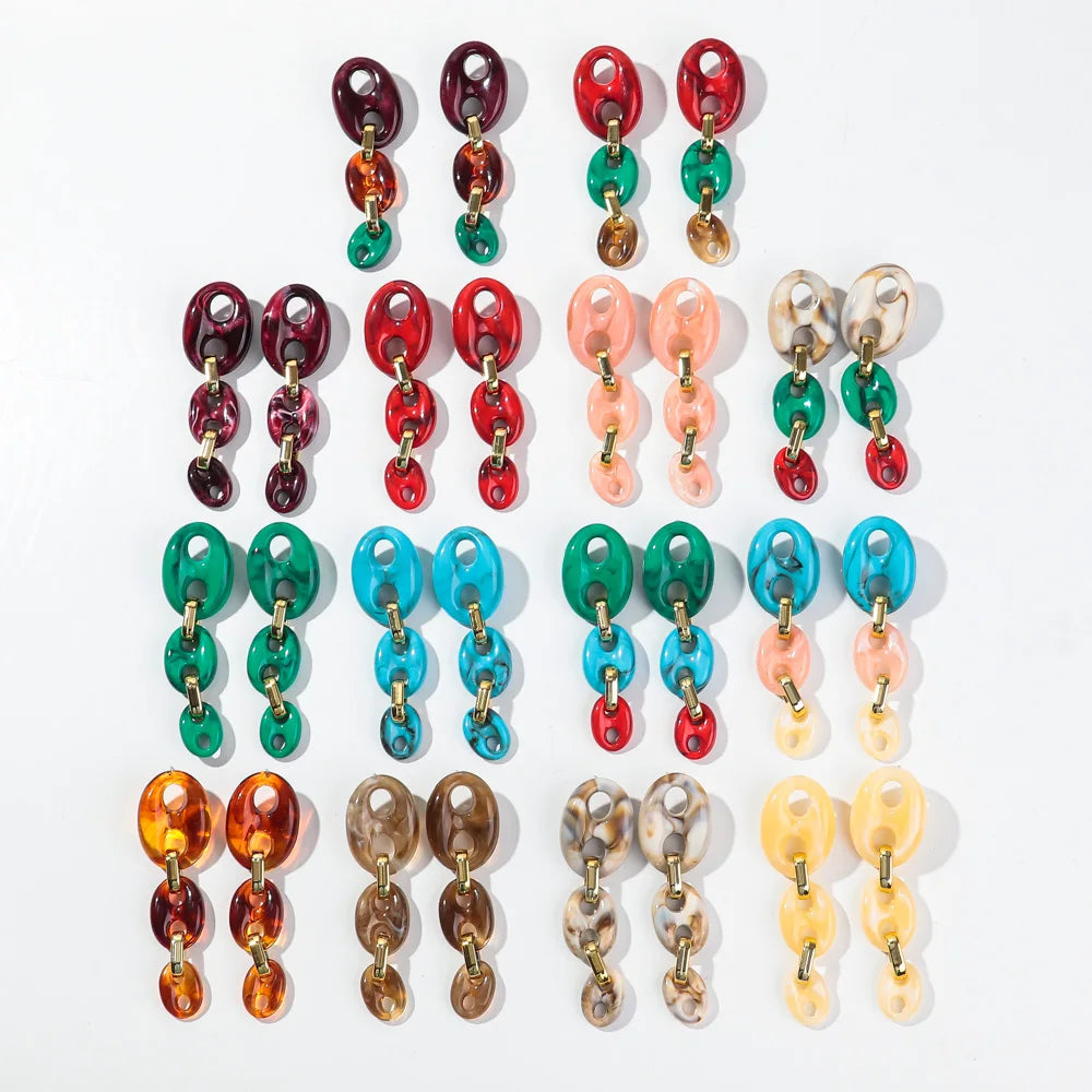 Bohemian Casual Holiday Jewelry Colored Coffee Bean Resin Accessories Marble Pig Nose Link Chain Long Acrylic Earrings for Women