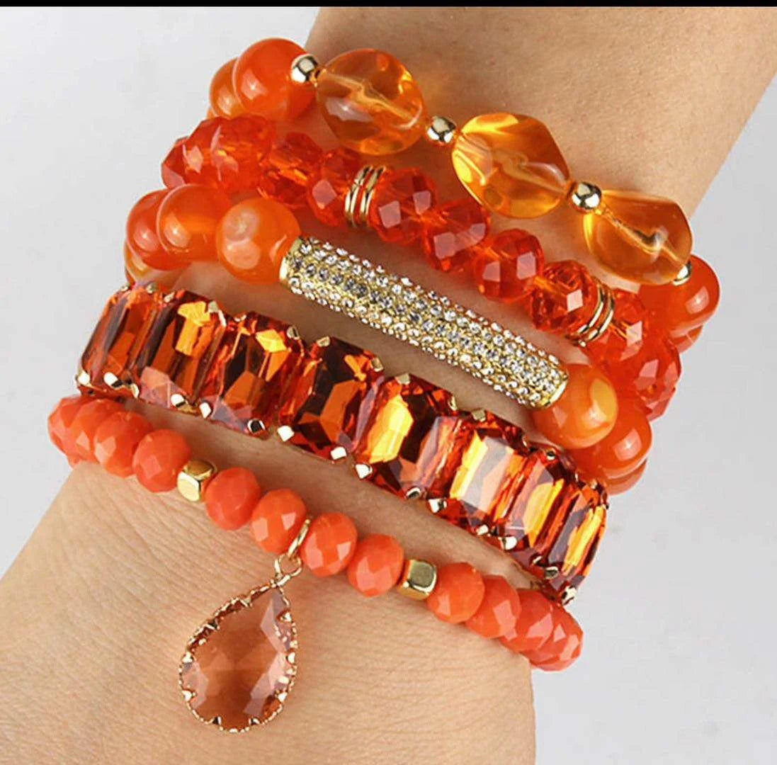 Fashion 5pcs Irregular Chip Shell Cubic Zircon Popcorn Beads Rhinestone Pipe Crystal Glass Drop Pendant Stack Bracelet Set