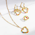 2022 Summer Fashion Jewelry Sets 14k Gold Plated Heart Pendant Colorful Crystal Beads Necklace Heart Statement Earring Ring Set