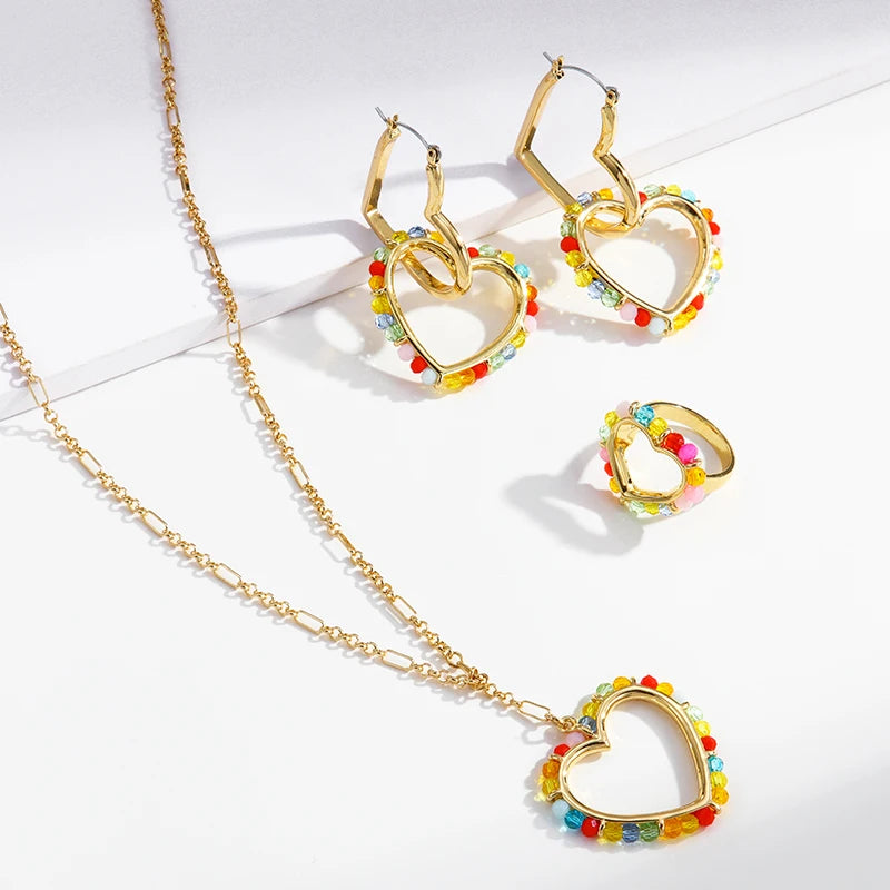 2022 Summer Fashion Jewelry Sets 14k Gold Plated Heart Pendant Colorful Crystal Beads Necklace Heart Statement Earring Ring Set
